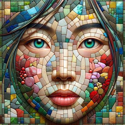 The primary subject of the image is a woman's face, which is the main focus of the image. The setting is a mosaic artwork, featuring a collage of different colored tiles and glass pieces. The visual style is a combination of digital art and illustration, creating a unique and intricate design. The colors and mood of the image are vibrant and lively, with a variety of colors and patterns that create a dynamic and engaging artwork.